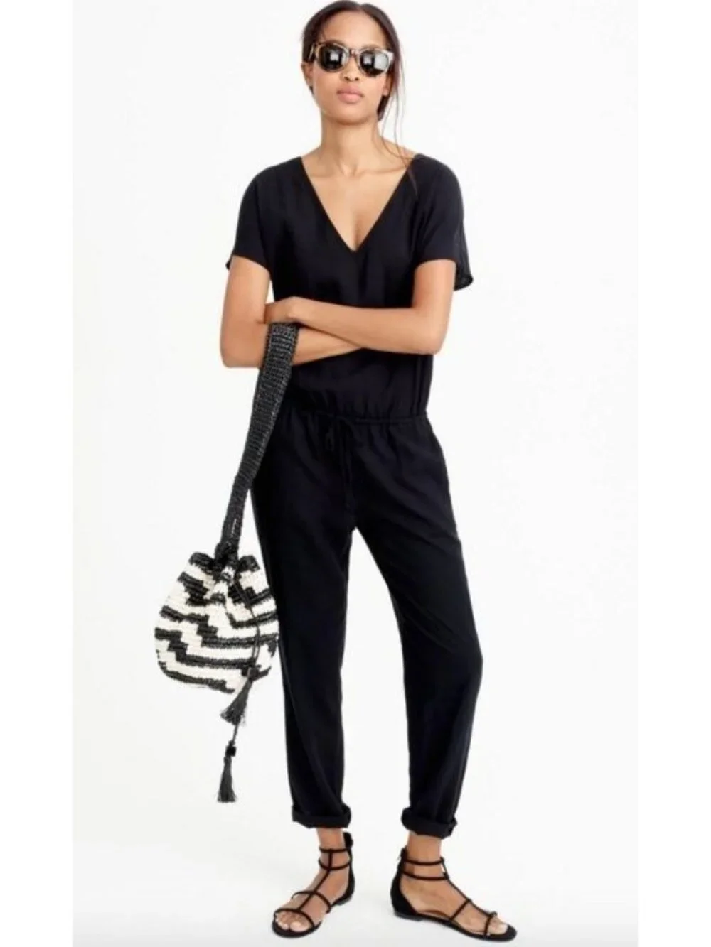 NWT J.Crew Relaxed Jumpsuit in Black Tencel Linen V-neck Jumper XXXS 3XS